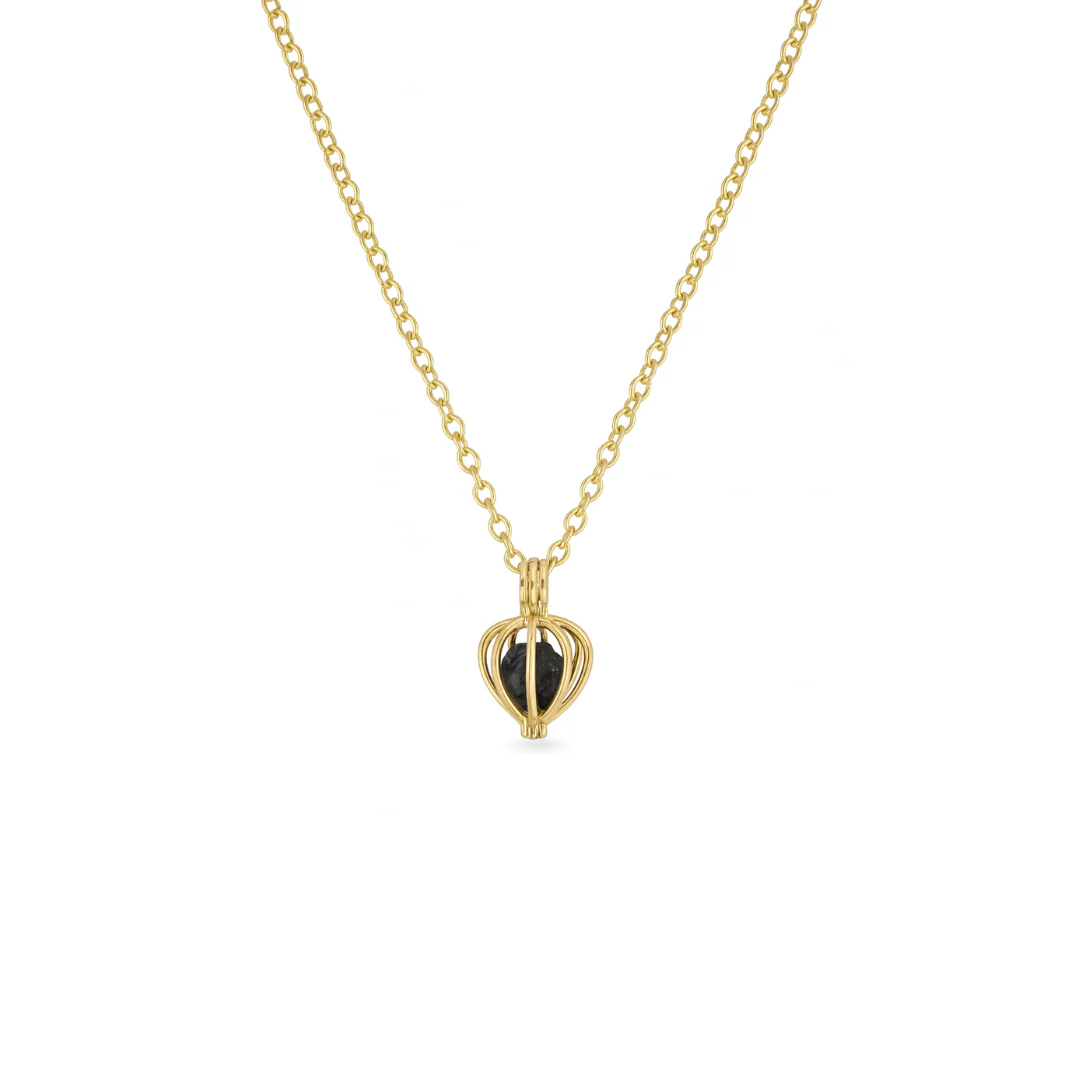Goldtone pendant Cage charm with coal inside 18" chain