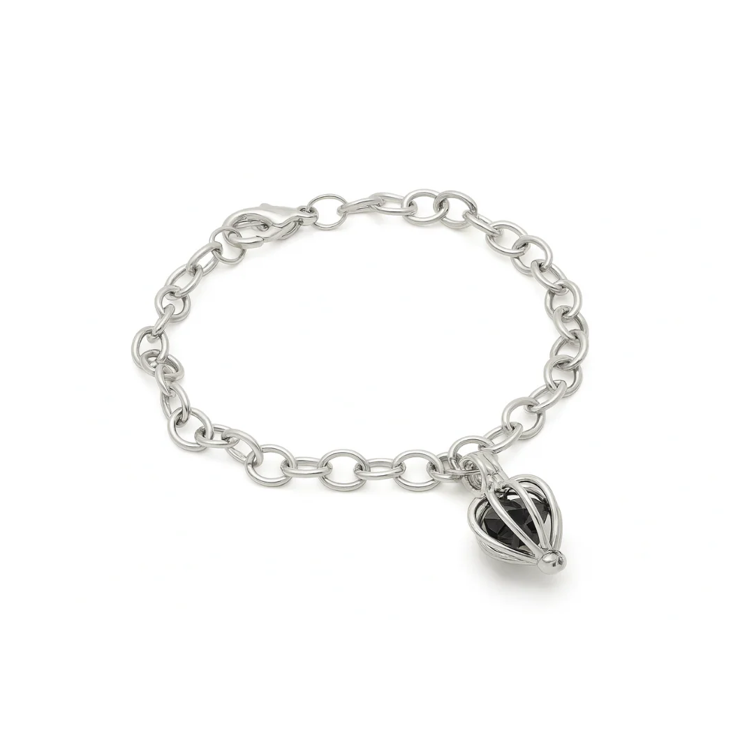 Silvertone 7.5" bracelet Cage charm with coal inside